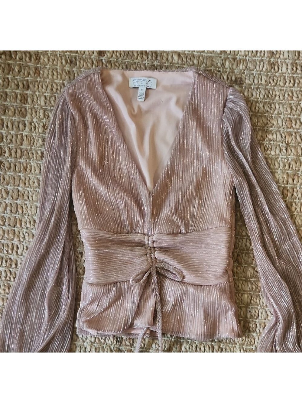 Sofia by Sofia Vergara Metallic Pink Blush Party Sparkly Rouched Waist Blouse